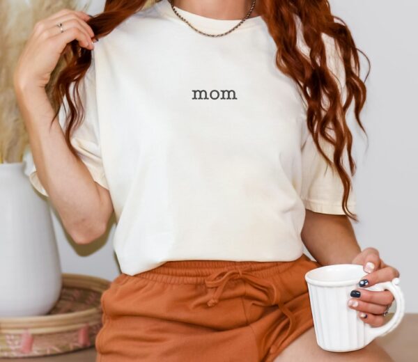 Ivory Comfort Colors Mom Shirt with black “mom” embroidery, neutral cotton t-shirt for mothers.