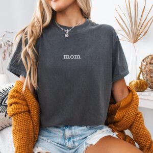 Pepper Comfort Colors Mom Shirt with white embroidered “mom”, soft cotton tee for moms.