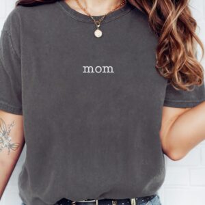 Pepper Comfort Colors Mom Shirt with white “mom” embroidery, casual everyday mom t-shirt.