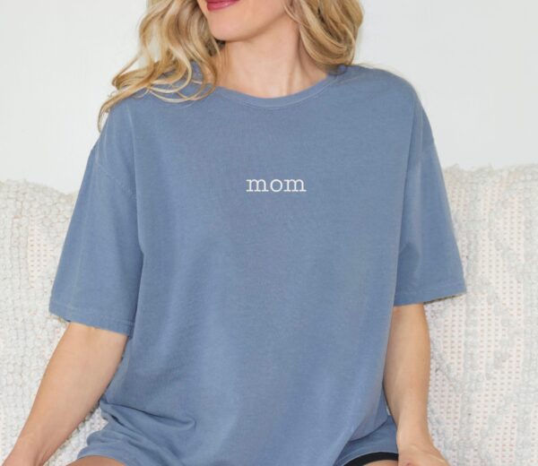 Blue Jean Comfort Colors Mom Shirt with white embroidered “mom”, soft everyday cotton tee for moms