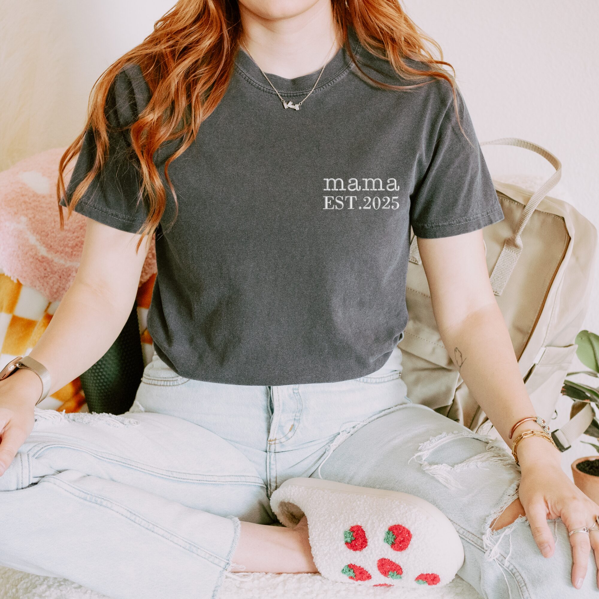 Pepper Comfort Colors Embroidered Mama Shirt worn by woman, white 'mama EST. 2025', casual styling.