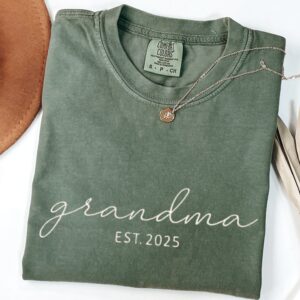 Embroidered Grandma EST 2025 Comfort Colors 1717 Moss T-Shirt, Personalized Grandparent Gift
