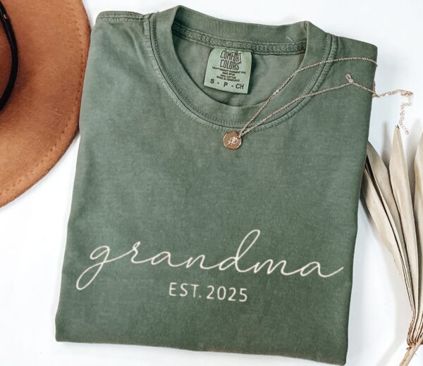 Embroidered Grandma EST 2025 Comfort Colors 1717 Moss T-Shirt, Personalized Grandparent Gift